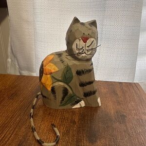 Handcrafted Wooden Cat Figurine - Gray and Black